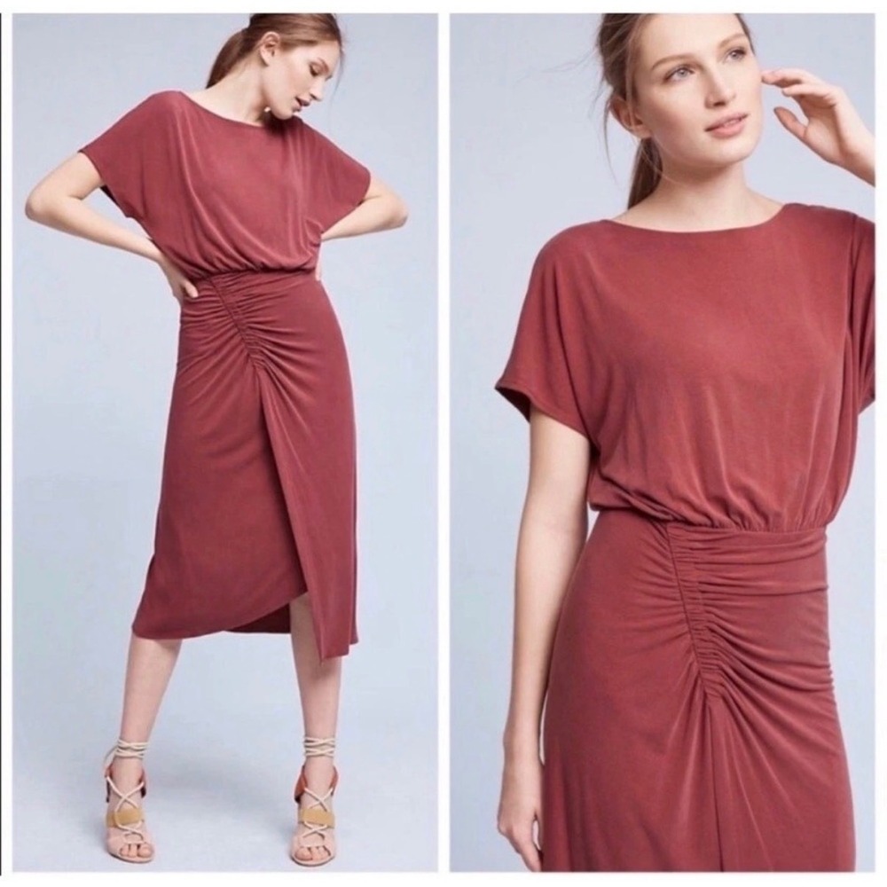 Anthropologie Moulinette Soeurs Burgundy Etta Ruched Midi Dress XS Party 2010s